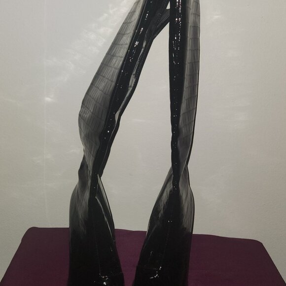Princess Polly Black Embossed Crocodile Knee High Boots Square Toes Size 8 - Picture 3 of 6
